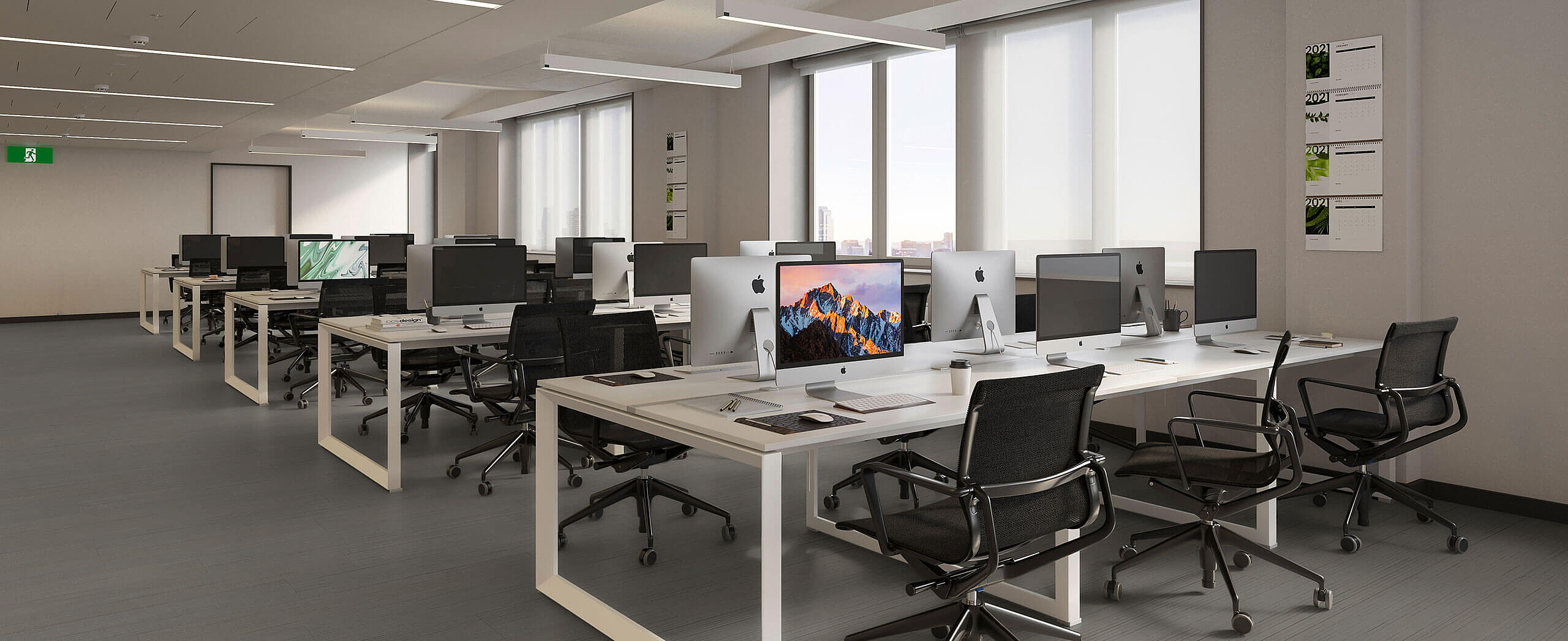 Bright workspace with desk rows and recycled elastic flooring in an anthracite striped design. Modern open-plan office with recycled elastic flooring in dark grey linear texture.