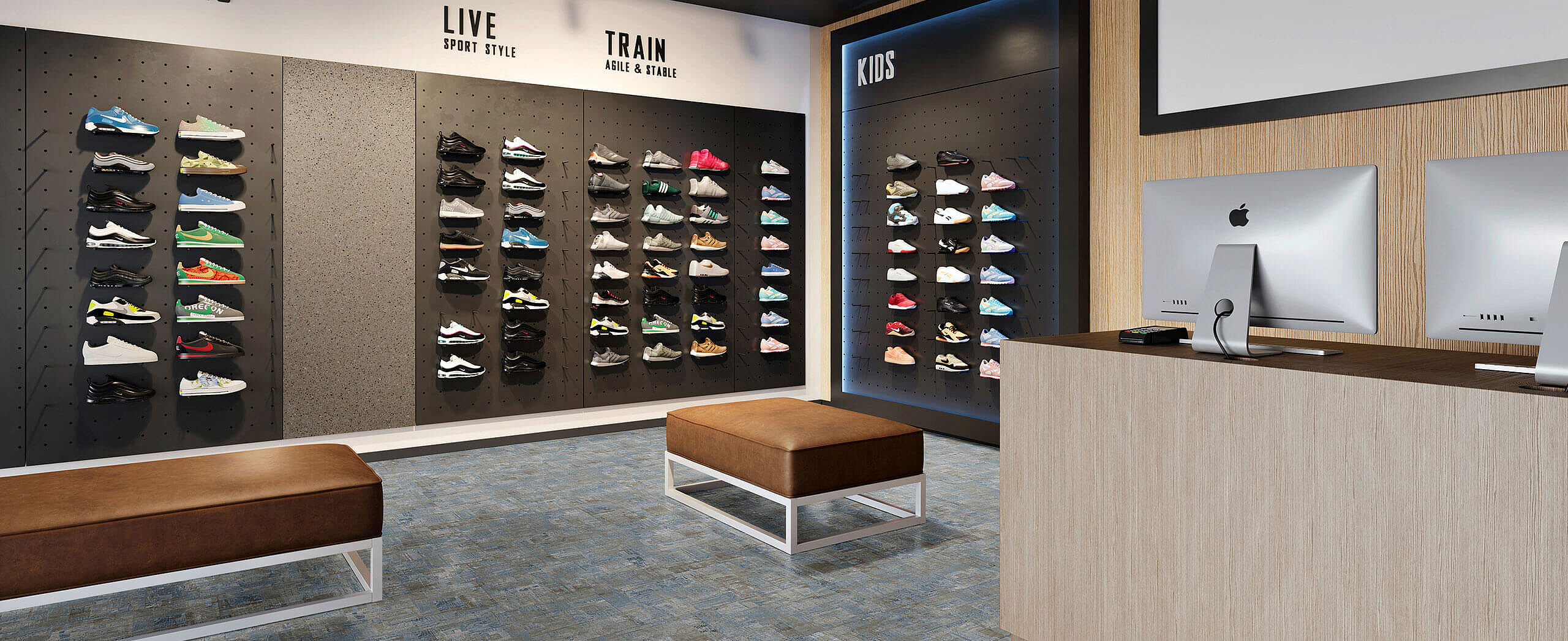Modern sneaker store with shoe display wall and benches on recycled elastic flooring in a blue-grey stone look with a lively, mottled texture.