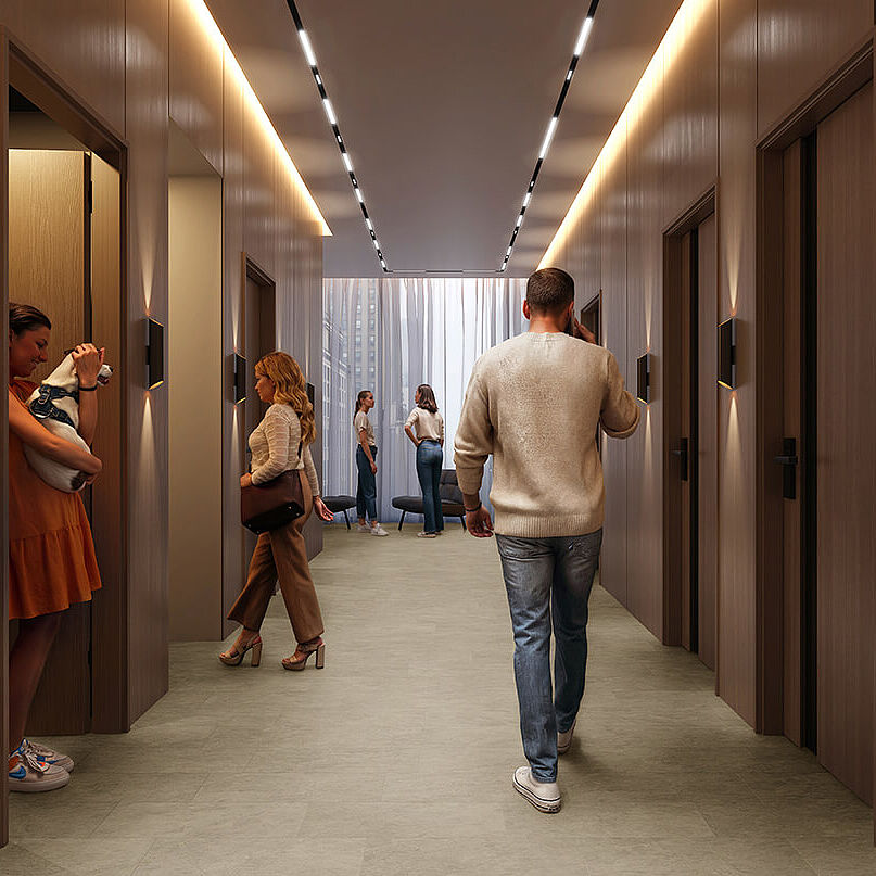 Modern corridor with people, wood panels and recycled elastic flooring in a light, matte stone look.